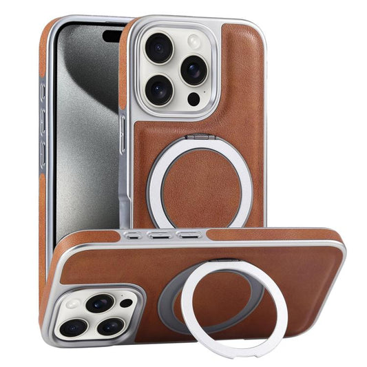 For iPhone 15 Pro Max Plated Leather Grain Rotation MagSafe Holder Phone Case(Brown) - iPhone 15 Pro Max Cases by buy2fix | Online Shopping UK | buy2fix