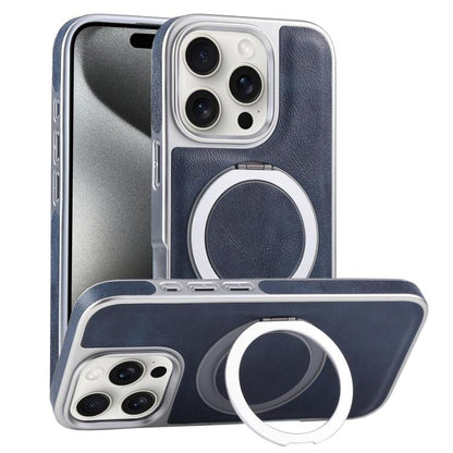 For iPhone 15 Pro Max Plated Leather Grain Rotation MagSafe Holder Phone Case(Blue) - iPhone 15 Pro Max Cases by buy2fix | Online Shopping UK | buy2fix