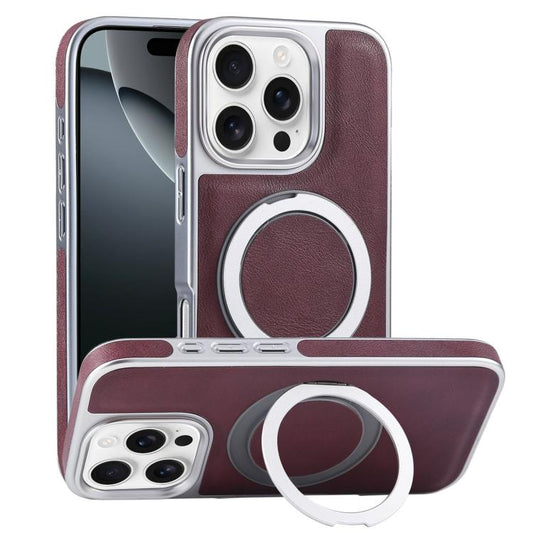 For iPhone 16 Pro Plated Leather Grain Rotation MagSafe Holder Phone Case(Dark Red) - iPhone 16 Pro Cases by buy2fix | Online Shopping UK | buy2fix