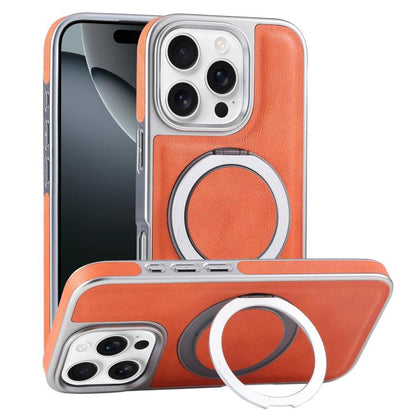 For iPhone 16 Pro Plated Leather Grain Rotation MagSafe Holder Phone Case(Orange) - iPhone 16 Pro Cases by buy2fix | Online Shopping UK | buy2fix
