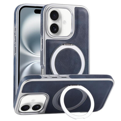 For iPhone 16 Plus Plated Leather Grain Rotation MagSafe Holder Phone Case(Blue) - iPhone 16 Plus Cases by buy2fix | Online Shopping UK | buy2fix