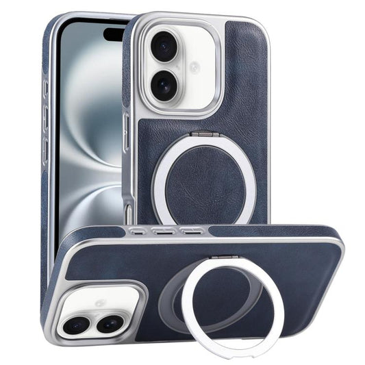 For iPhone 16 Plus Plated Leather Grain Rotation MagSafe Holder Phone Case(Blue) - iPhone 16 Plus Cases by buy2fix | Online Shopping UK | buy2fix