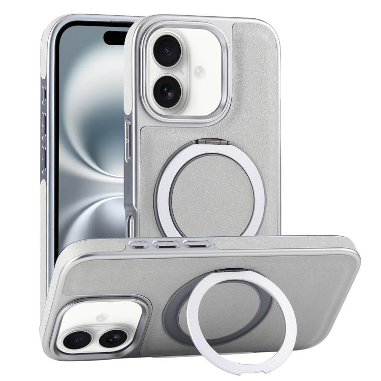For iPhone 16 Plated Leather Grain Rotation MagSafe Holder Phone Case(Grayish Green) - iPhone 16 Cases by buy2fix | Online Shopping UK | buy2fix