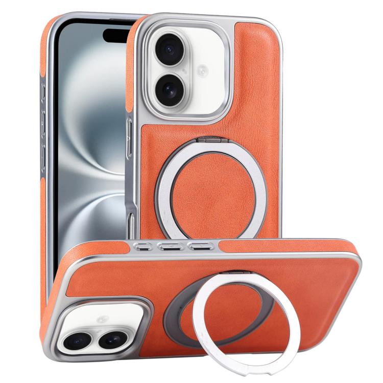 For iPhone 16 Plated Leather Grain Rotation MagSafe Holder Phone Case(Orange) - iPhone 16 Cases by buy2fix | Online Shopping UK | buy2fix