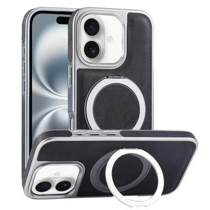 For iPhone 16 Plated Leather Grain Rotation MagSafe Holder Phone Case(Black) - iPhone 16 Cases by buy2fix | Online Shopping UK | buy2fix