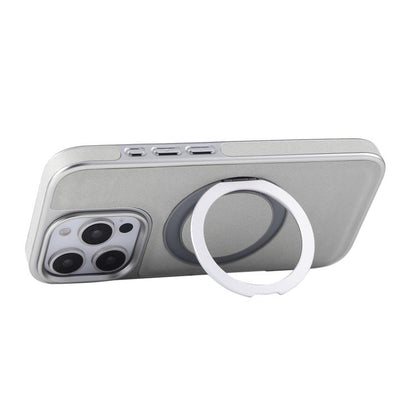 For iPhone 16 Pro Plated Leather Grain Rotation MagSafe Holder Phone Case(Grayish Green) - iPhone 16 Pro Cases by buy2fix | Online Shopping UK | buy2fix