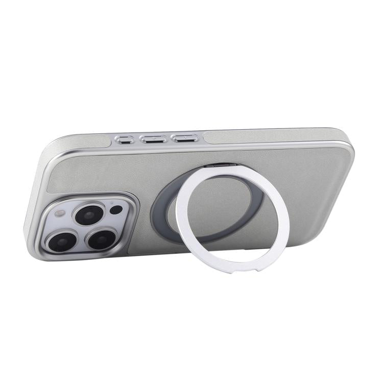 For iPhone 16 Pro Max Plated Leather Grain Rotation MagSafe Holder Phone Case(Grayish Green) - iPhone 16 Pro Max Cases by buy2fix | Online Shopping UK | buy2fix