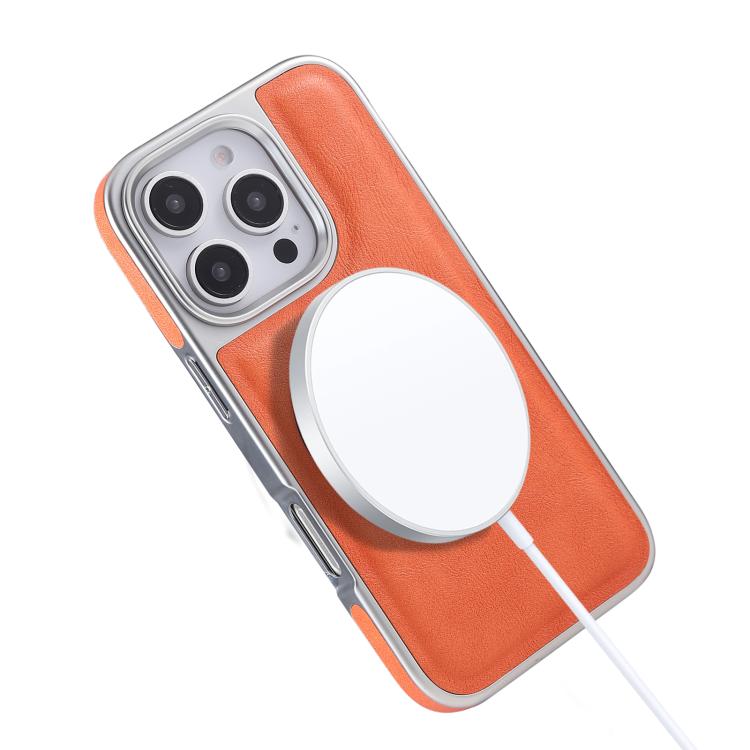 For iPhone 15 Pro Plated Leather Grain Rotation MagSafe Holder Phone Case(Orange) - iPhone 15 Pro Cases by buy2fix | Online Shopping UK | buy2fix