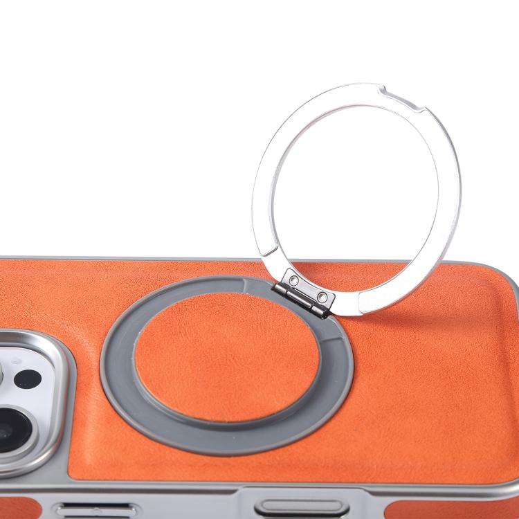 For iPhone 16 Pro Max Plated Leather Grain Rotation MagSafe Holder Phone Case(Grayish Green) - iPhone 16 Pro Max Cases by buy2fix | Online Shopping UK | buy2fix