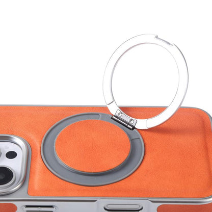 For iPhone 14 Plated Leather Grain Rotation MagSafe Holder Phone Case(Orange) - iPhone 14 Cases by buy2fix | Online Shopping UK | buy2fix