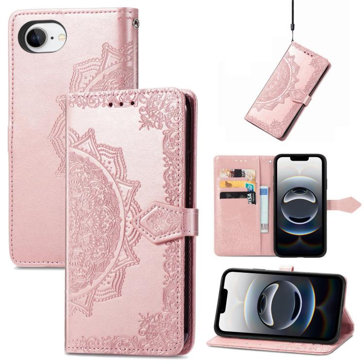 For iPhone 16e Mandala Flower Embossed Leather Phone Case(Rose Gold) - iPhone 16e Cases by buy2fix | Online Shopping UK | buy2fix