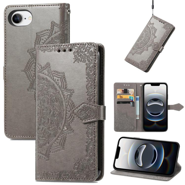 For iPhone 16e Mandala Flower Embossed Leather Phone Case(Gray) - iPhone 16e Cases by buy2fix | Online Shopping UK | buy2fix