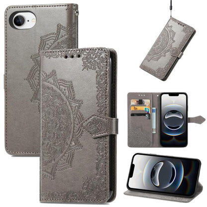 For iPhone 16e Mandala Flower Embossed Leather Phone Case(Gray) - iPhone 16e Cases by buy2fix | Online Shopping UK | buy2fix
