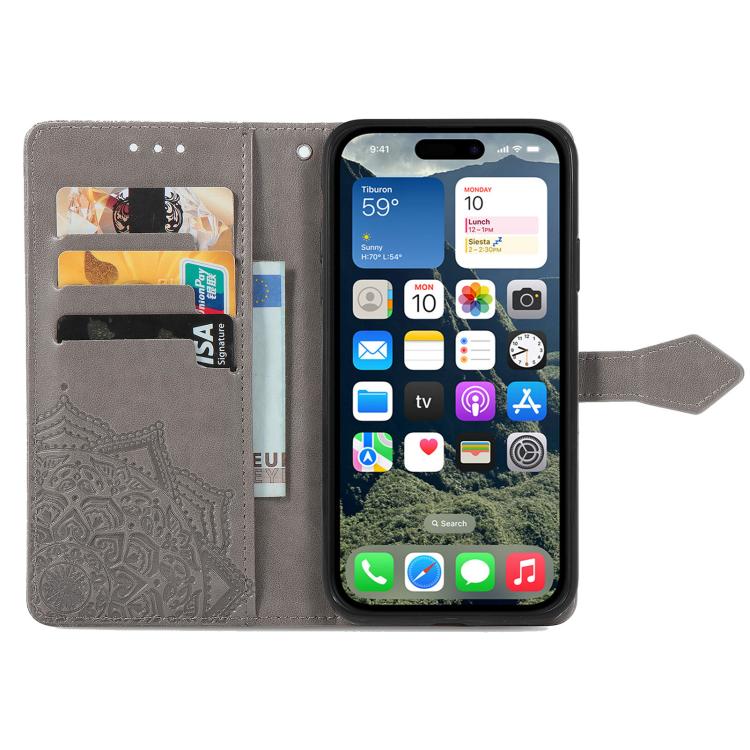 For iPhone 16e Mandala Flower Embossed Leather Phone Case(Gray) - iPhone 16e Cases by buy2fix | Online Shopping UK | buy2fix