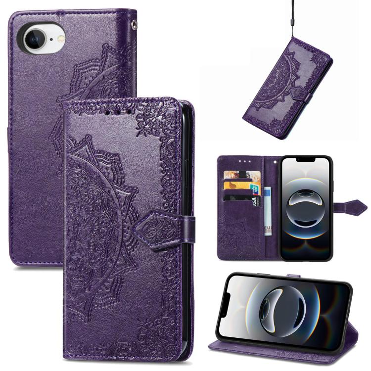 For iPhone 16e Mandala Flower Embossed Leather Phone Case(Purple) - iPhone 16e Cases by buy2fix | Online Shopping UK | buy2fix