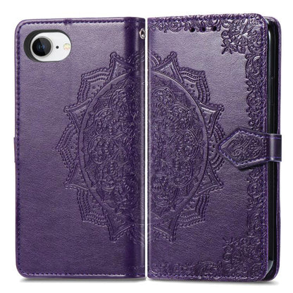 For iPhone 16e Mandala Flower Embossed Leather Phone Case(Purple) - iPhone 16e Cases by buy2fix | Online Shopping UK | buy2fix