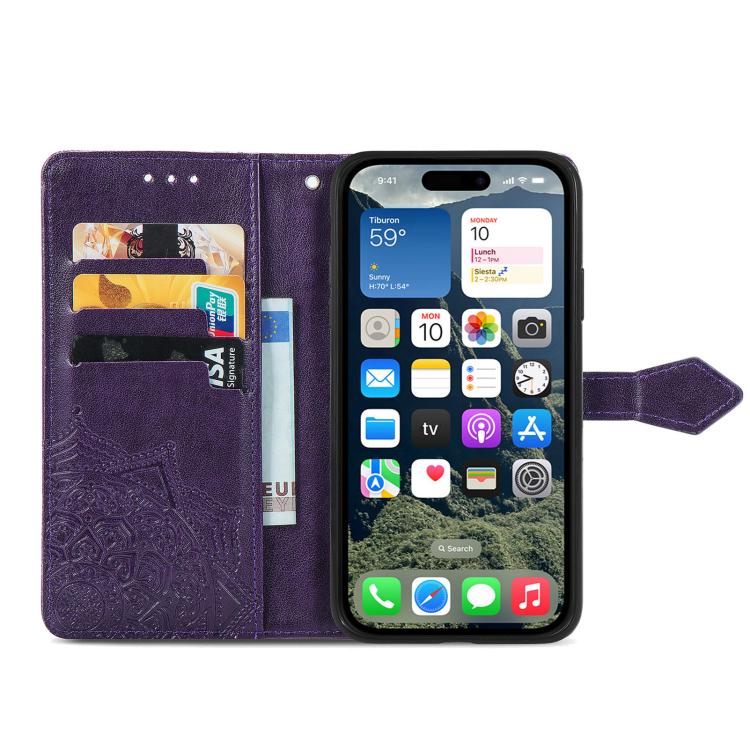 For iPhone 16e Mandala Flower Embossed Leather Phone Case(Purple) - iPhone 16e Cases by buy2fix | Online Shopping UK | buy2fix