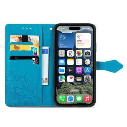 For iPhone 16e Mandala Flower Embossed Leather Phone Case(Blue) - iPhone 16e Cases by buy2fix | Online Shopping UK | buy2fix