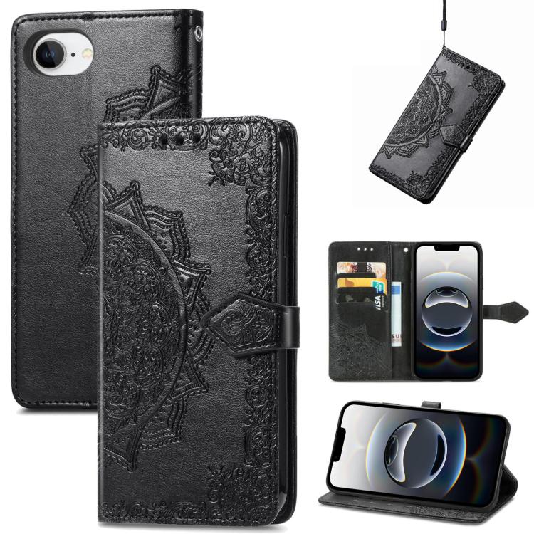 For iPhone 16e Mandala Flower Embossed Leather Phone Case(Black) - iPhone 16e Cases by buy2fix | Online Shopping UK | buy2fix