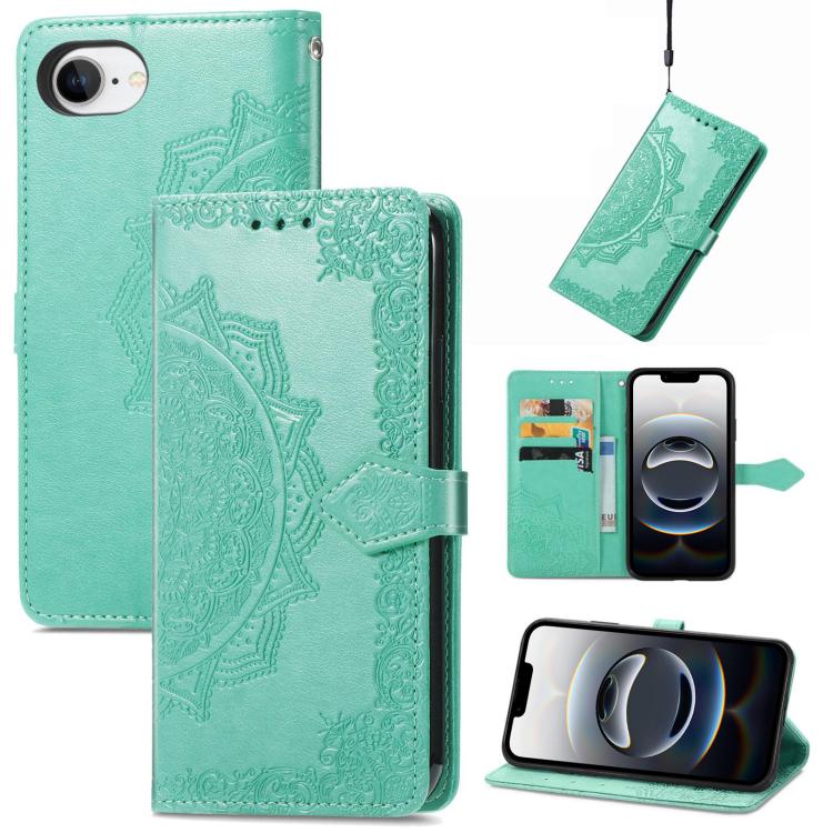 For iPhone 16e Mandala Flower Embossed Leather Phone Case(Green) - iPhone 16e Cases by buy2fix | Online Shopping UK | buy2fix