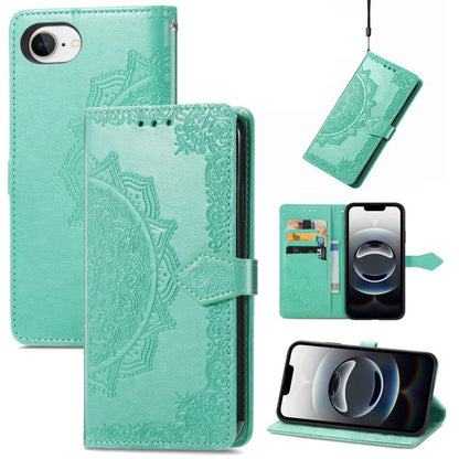 For iPhone 16e Mandala Flower Embossed Leather Phone Case(Green) - iPhone 16e Cases by buy2fix | Online Shopping UK | buy2fix