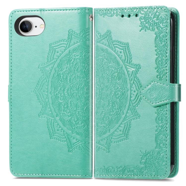 For iPhone 16e Mandala Flower Embossed Leather Phone Case(Green) - iPhone 16e Cases by buy2fix | Online Shopping UK | buy2fix