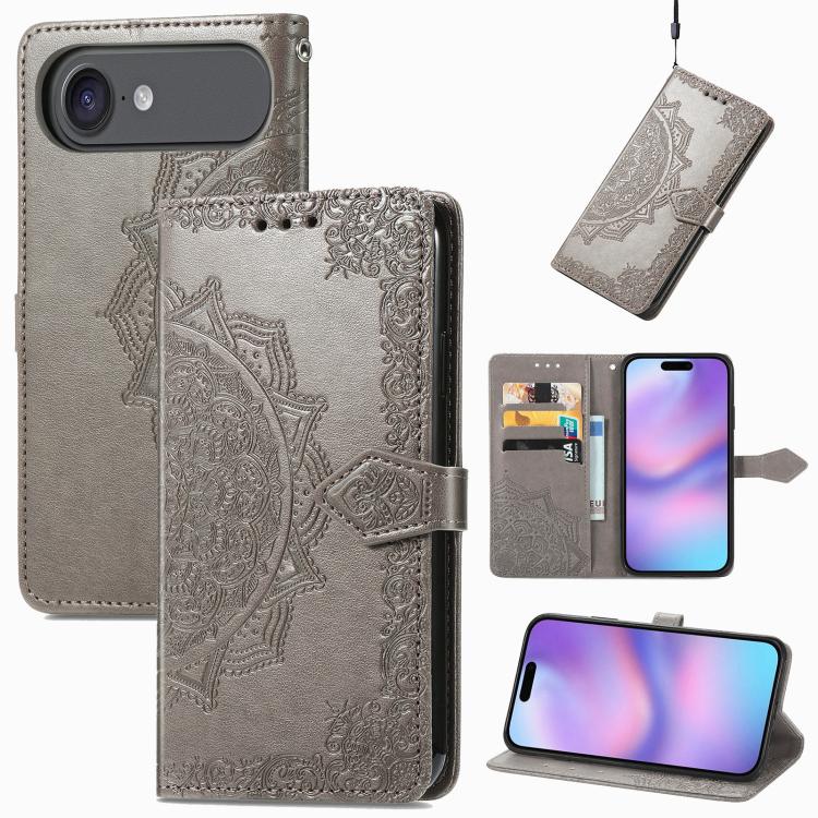 For iPhone Air Mandala Flower Embossed Leather Phone Case(Gray) - iPhone Air Cases by buy2fix | Online Shopping UK | buy2fix