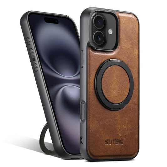 For iPhone 16 Plus Suteni G3 Oil Wax 360 Rotation Holder MagSafe Back Phone Case(Brown) - iPhone 16 Plus Cases by Suteni | Online Shopping UK | buy2fix