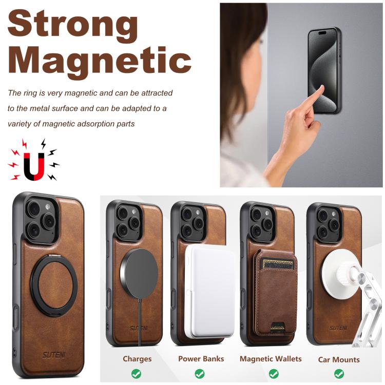 For iPhone 16 Plus Suteni G3 Oil Wax 360 Rotation Holder MagSafe Back Phone Case(Brown) - iPhone 16 Plus Cases by Suteni | Online Shopping UK | buy2fix