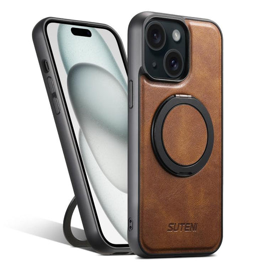 For iPhone 15 Suteni G3 Oil Wax 360 Rotation Holder MagSafe Back Phone Case(Brown) - iPhone 15 Cases by Suteni | Online Shopping UK | buy2fix