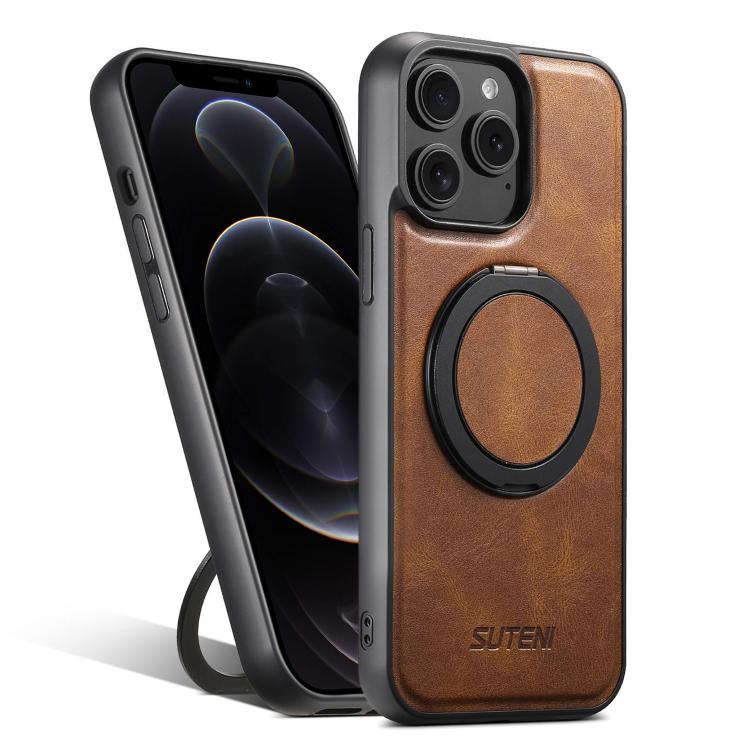 For iPhone 12 Pro Suteni G3 Oil Wax 360 Rotation Holder MagSafe Back Phone Case(Brown) - iPhone 12 / 12 Pro Cases by Suteni | Online Shopping UK | buy2fix