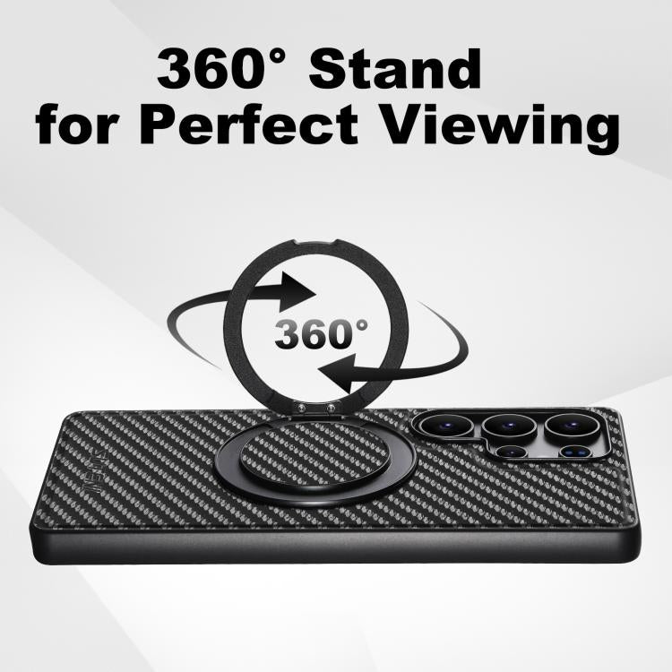 For Samsung Galaxy S25+ 5G Suteni G3 Carbon Fiber Leather 360 Rotation Holder MagSafe Phone Case(Black) - Galaxy S25+ 5G Cases by Suteni | Online Shopping UK | buy2fix