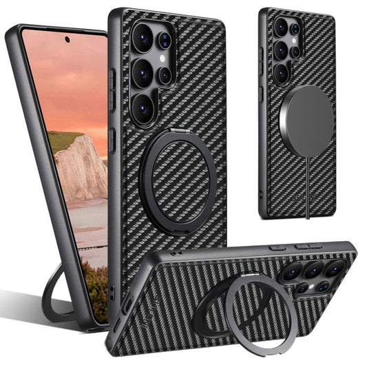 For Samsung Galaxy S22 Ultra 5G Suteni G3 Carbon Fiber Leather 360 Rotation Holder MagSafe Phone Case(Black) - Galaxy S22 Ultra 5G Cases by Suteni | Online Shopping UK | buy2fix