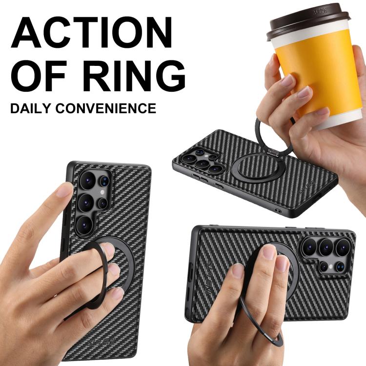 For Samsung Galaxy S22 Ultra 5G Suteni G3 Carbon Fiber Leather 360 Rotation Holder MagSafe Phone Case(Black) - Galaxy S22 Ultra 5G Cases by Suteni | Online Shopping UK | buy2fix