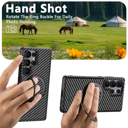 For Samsung Galaxy S22 Ultra 5G Suteni G3 Carbon Fiber Leather 360 Rotation Holder MagSafe Phone Case(Black) - Galaxy S22 Ultra 5G Cases by Suteni | Online Shopping UK | buy2fix