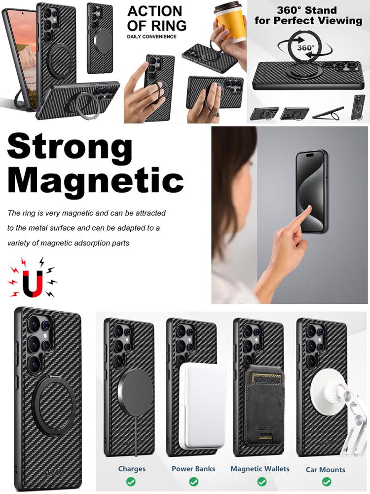 For Samsung Galaxy S22 5G Suteni G3 Carbon Fiber Leather 360 Rotation Holder MagSafe Phone Case(Black) - Galaxy S22 5G Cases by Suteni | Online Shopping UK | buy2fix