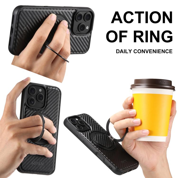 For iPhone 16 Pro Suteni G3 Carbon Fiber Leather 360 Rotation Holder MagSafe Phone Case(Black) - iPhone 16 Pro Cases by Suteni | Online Shopping UK | buy2fix