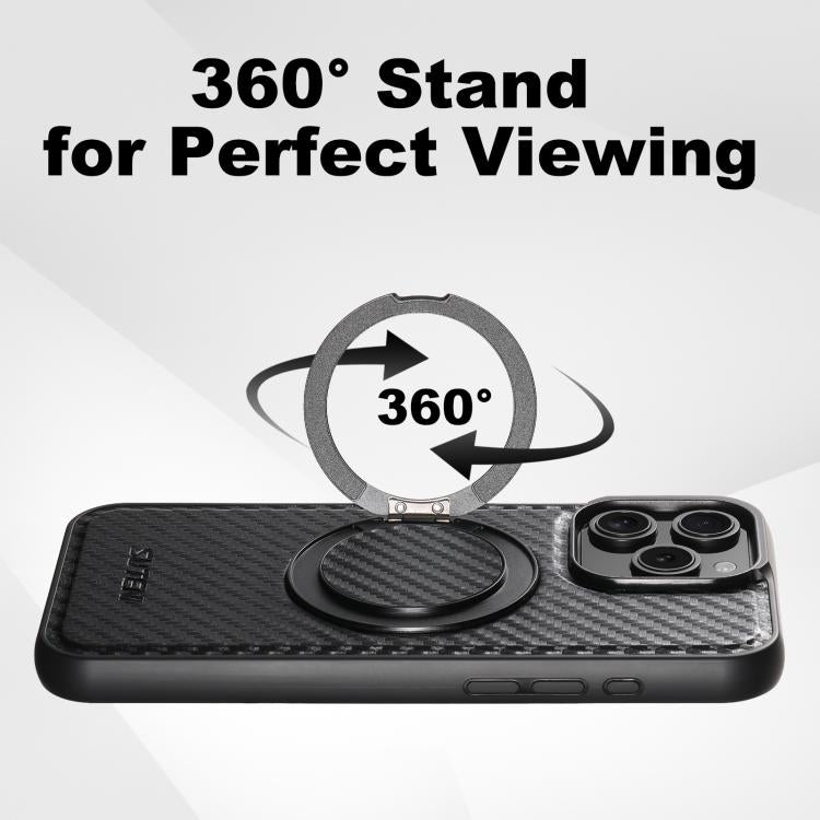For iPhone 16 Pro Suteni G3 Carbon Fiber Leather 360 Rotation Holder MagSafe Phone Case(Black) - iPhone 16 Pro Cases by Suteni | Online Shopping UK | buy2fix