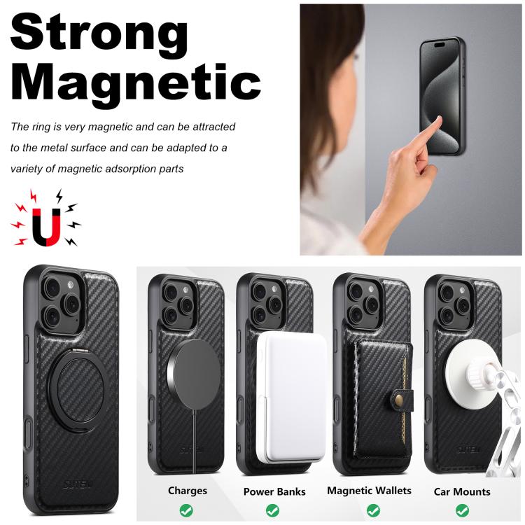 For iPhone 16 Pro Suteni G3 Carbon Fiber Leather 360 Rotation Holder MagSafe Phone Case(Black) - iPhone 16 Pro Cases by Suteni | Online Shopping UK | buy2fix