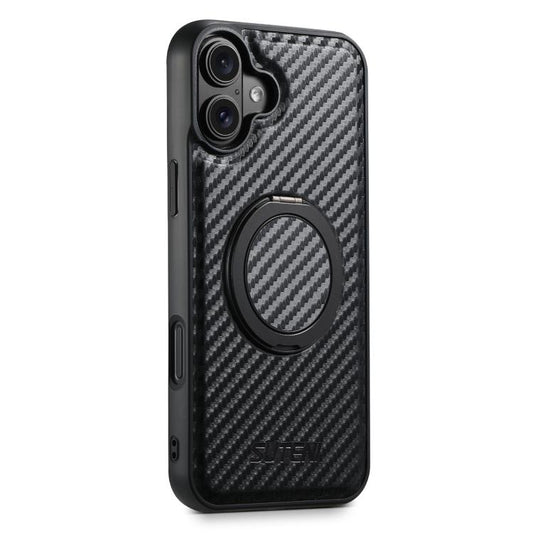 For iPhone 16 Plus Suteni G3 Carbon Fiber Leather 360 Rotation Holder MagSafe Phone Case(Black) - iPhone 16 Plus Cases by Suteni | Online Shopping UK | buy2fix