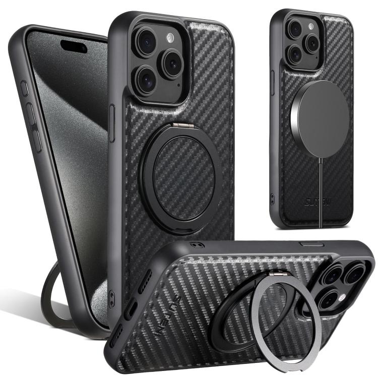 For iPhone 15 Pro Suteni G3 Carbon Fiber Leather 360 Rotation Holder MagSafe Phone Case(Black) - iPhone 15 Pro Cases by Suteni | Online Shopping UK | buy2fix