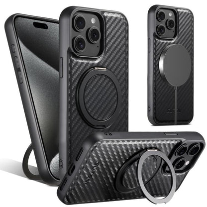 For iPhone 15 Pro Suteni G3 Carbon Fiber Leather 360 Rotation Holder MagSafe Phone Case(Black) - iPhone 15 Pro Cases by Suteni | Online Shopping UK | buy2fix