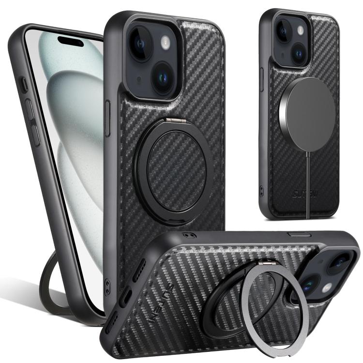 For iPhone 15 Suteni G3 Carbon Fiber Leather 360 Rotation Holder MagSafe Phone Case(Black) - iPhone 15 Cases by Suteni | Online Shopping UK | buy2fix