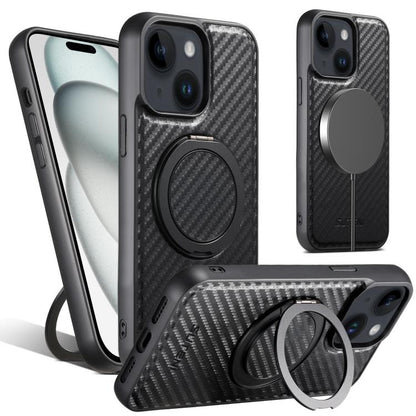 For iPhone 15 Suteni G3 Carbon Fiber Leather 360 Rotation Holder MagSafe Phone Case(Black) - iPhone 15 Cases by Suteni | Online Shopping UK | buy2fix
