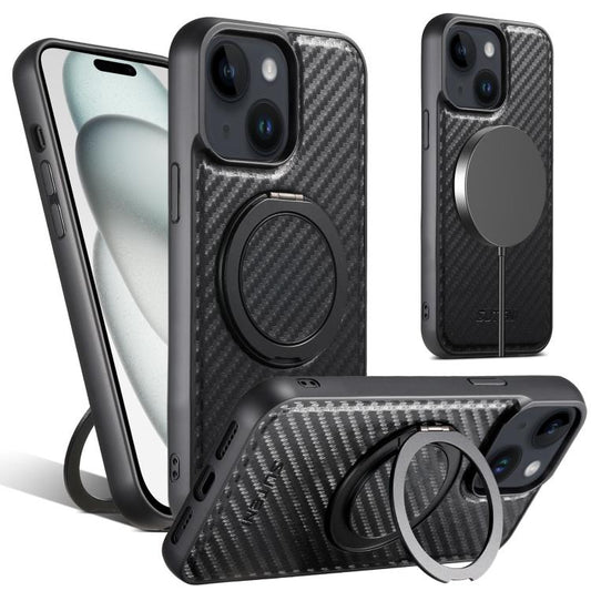 For iPhone 15 Suteni G3 Carbon Fiber Leather 360 Rotation Holder MagSafe Phone Case(Black) - iPhone 15 Cases by Suteni | Online Shopping UK | buy2fix