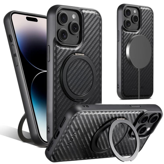 For iPhone 14 Pro Suteni G3 Carbon Fiber Leather 360 Rotation Holder MagSafe Phone Case(Black) - iPhone 14 Pro Cases by Suteni | Online Shopping UK | buy2fix