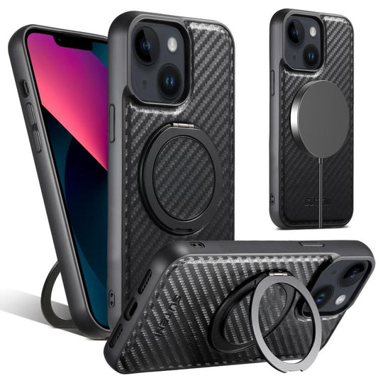 For iPhone 13 Suteni G3 Carbon Fiber Leather 360 Rotation Holder MagSafe Phone Case(Black) - iPhone 13 Cases by Suteni | Online Shopping UK | buy2fix