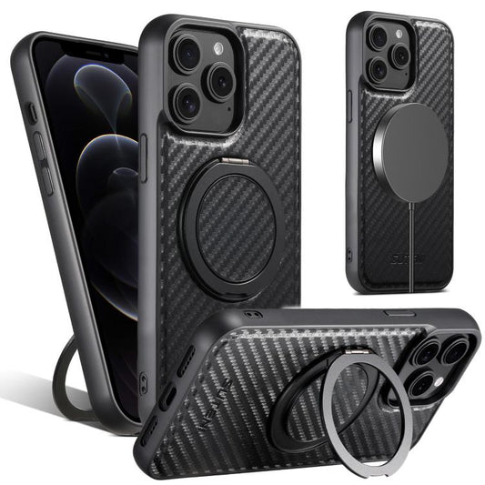 For iPhone 12 Pro Max Suteni G3 Carbon Fiber Leather 360 Rotation Holder MagSafe Phone Case(Black) - iPhone 12 Pro Max Cases by Suteni | Online Shopping UK | buy2fix
