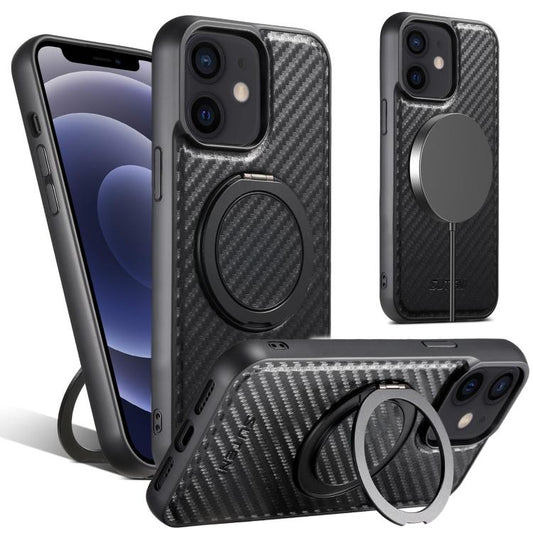 For iPhone 12 / 12 Pro Suteni G3 Carbon Fiber Leather 360 Rotation Holder MagSafe Phone Case(Black) - iPhone 12 / 12 Pro Cases by Suteni | Online Shopping UK | buy2fix