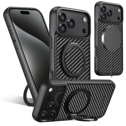 For iPhone 17 Pro Suteni G3 Carbon Fiber Leather 360 Rotation Holder MagSafe Phone Case(Black) - iPhone 17 Pro Cases by Suteni | Online Shopping UK | buy2fix